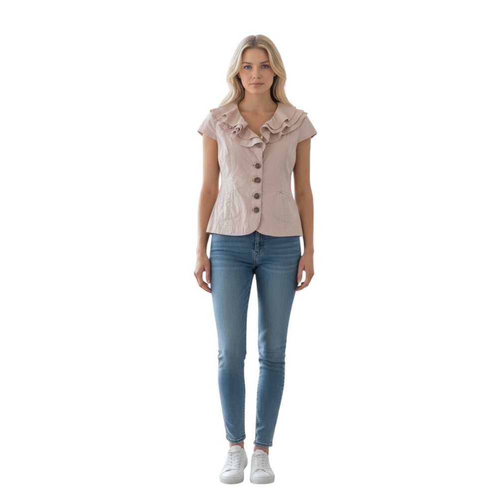 LAL Woman’s Beige Button Front Ruffle Cap Sleeve Blouse size Medium